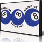 Blue 8 Ball Poster, Lucky Me Lucky You Lucky Us Quote Canvas Wall Art, Playful Billiards Balls Picture Print, Retro 8ball Pool Painting for Bar Cart Game Room Man Caves Wall 12x16in Wrapped Canvas