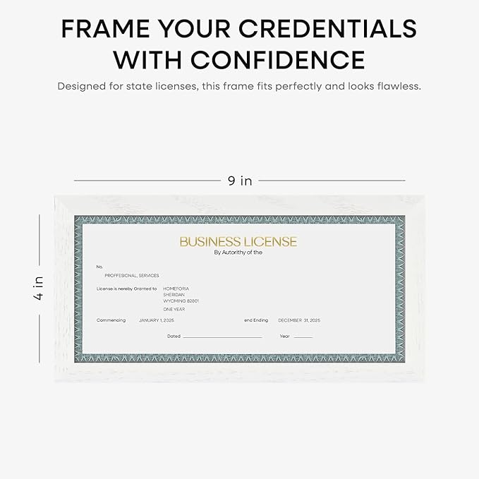 Homeforia 4x9 Business License Frame White, High End Oak 4 x 9 White Wood Certificate Frames, 9x4 Wooden Document Frames for Wall or Tabletop, 4 by 9 Picture Frames, Tempered Glass, Wall Kit, Set of 1