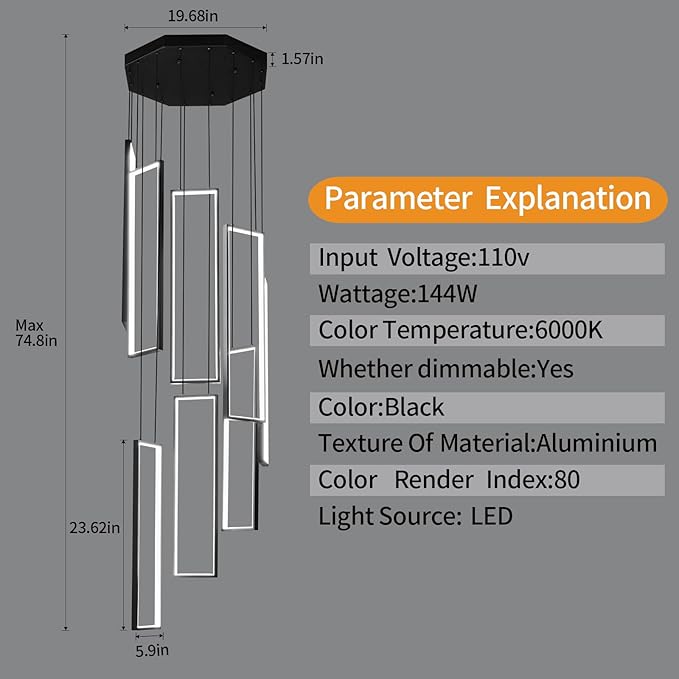 Modern Kitchen Island Dimmable Pendant Light Fixture Black 144W LED Pendant Lights 8 Rings Rectangular Chandelier Staircase Large Chandelier Lobby Living Room Foyer High Ceiling Chandeliers