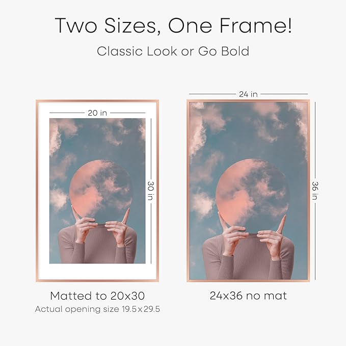 Homeforia 24 x 36 Poster Frame Rose Gold, Premium 24x36 Puzzle Frame Metal Matted to 20x30 Photo, 36 x 24 Picture Frame with Mat for 20 x 30 Photo, Tempered Glass, Wall Hook Included, Set of 1