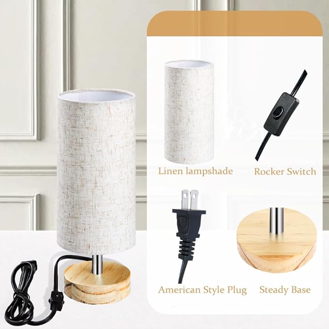 Bedside Table Lamps, Table Lamp for Bedroom, Lamps for Night Stands with Linen Lampshades, Small Table Lamp for Living Room, Office (Bulb Excluded) (Wood)