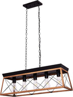 Dining Room Light Fixture/Chandelier Over Table, 5-Light Kitchen Island Lighting Hanging for Farmhouse Linear Chandeliers Matte Black Rustic Wood Pendant Ceiling Light Fixtures