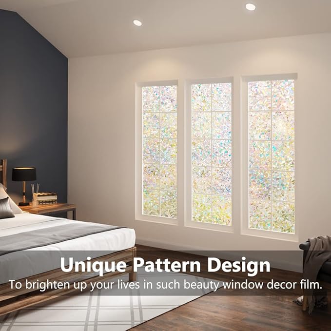 LEMON CLOUD Window Privacy Film, Decorative Window Film, Stained Glass Window Stickers, Rainbow Cling Holographic, Window Covering Prism Film, No Glue Frosted Half Moon Anti-UV(23.6 x 78.7 Inch)