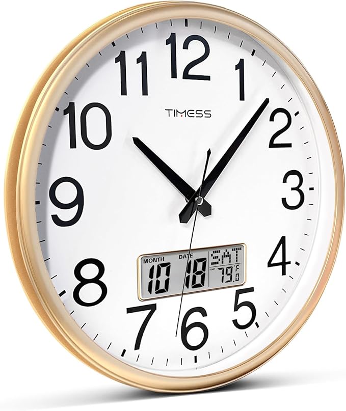 Wall Clock, 16 Inch Non-Ticking Silent Battery Operated Quartz Analog with LCD Display for Perpetual Calendar and F° Temperature, Ideal Modern Home, Bedroom, Kitchen, Office Décor (Gold)