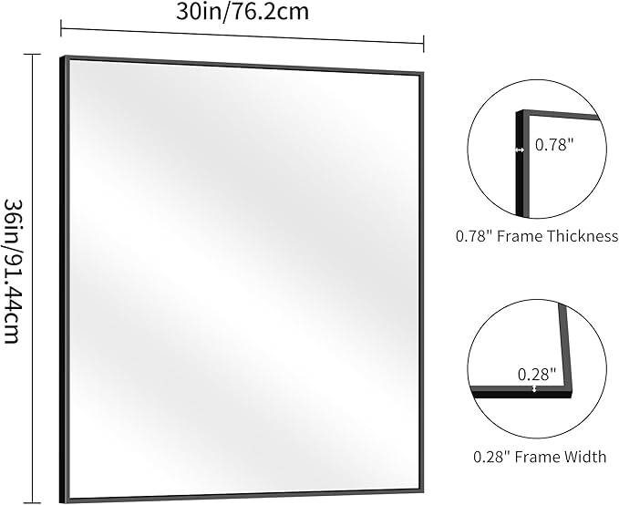 YIROMAN Bathroom Mirror 30"x36", Matte Black Bathroom Mirror for Over Sink with Aluminum Frame, Rectangular Vanity Mirror with Right Angle, Wall Mirror Hangs Horizontal or Vertical, Shatterproof