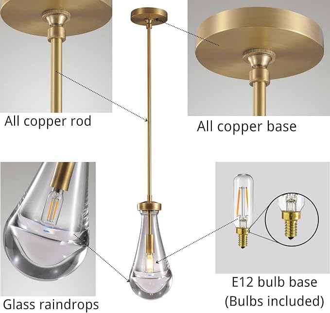 Modern Pendant Lighting for Kitchen Island, Handblown Teardrop Glass Kitchen Light Fixtures Luxury Brass Pendant Lights Hanging Lamps for Bedroom Dining Table, Hallway