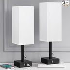 Bedside Table Lamps Set of 2 - Small White Bedroom Lamps with 3 Color Temperatures (3000K/5000K/4000K), Square Nightstand Lamp with USB C + A Charging Ports, Pull Chain Night Light