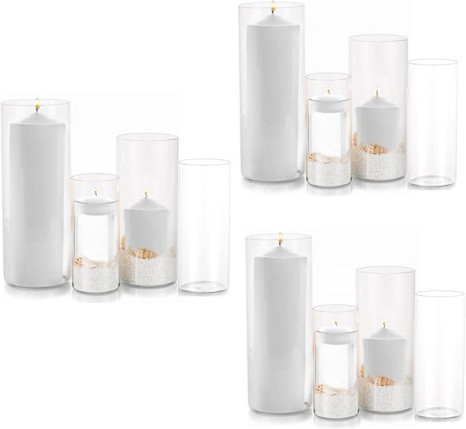 Glass Hurricane Candle Holder Esmiome - Cylinder Vases for Centerpieces 3 Sets (12Pcs) Hurricane Floating Candle Holder, Glass Vases for Flowers, Decorative for Home Wedding, 4''+6''+8'+10''(High)