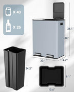 Arlopu 16Gal Dual Trash Can w/2 Built-in Box for Odor Control, Hands-Free Kitchen Garbage Bin, Recycle Waste Dustbin, Soft-Close Lid, 2 Buckets,Foot Pedal, Side Handle, Airtight,for Home Office