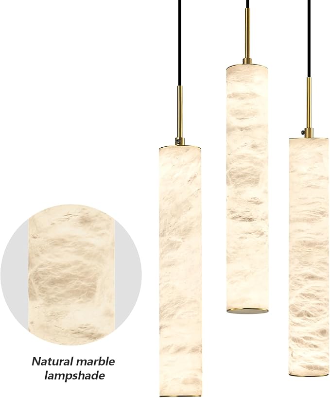 LMQNINE Natural Alabaster Pendant Lights for Kitchen Island White Marble Long Tube Chandelier Modern Gold Ceiling Light Fixtures for Bedroom Dining Room Table Living Room Hallway(M-3Light)