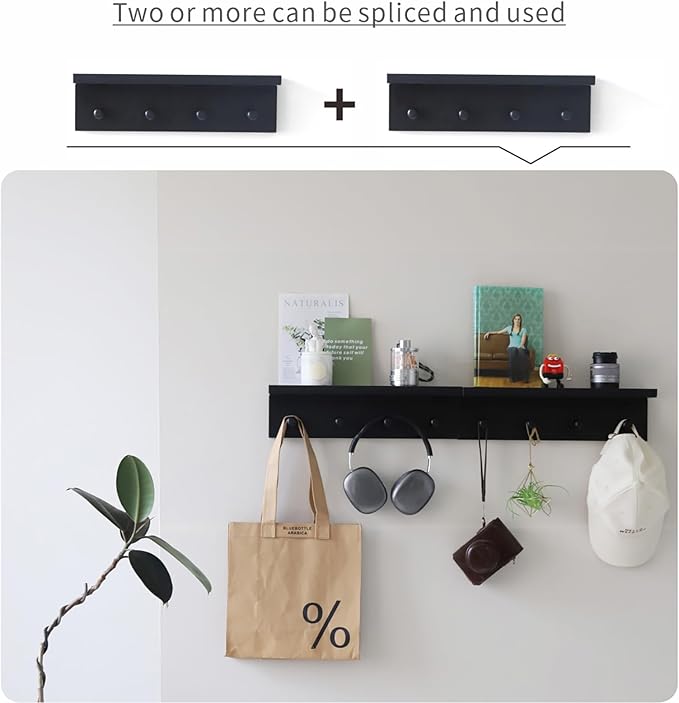 Entrance Coat Rack ，Coat Hooks, Wall-Mounted Wooden Hook Rack, Wall-Mounted Shelves are Very Suitable (Black Finish-2)