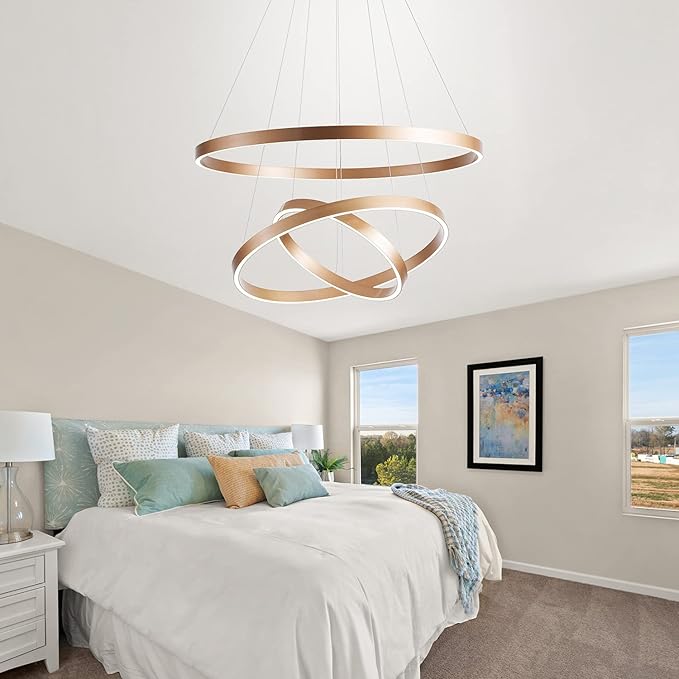 MADEM Modern LED Chandelier 3-Ring Circular Dimmable Pendant Light Contempoary Chanderlier Flush Mount Pendant Lighting for Living Room Dining Room, Bedroom,3000K-6000K,Gold