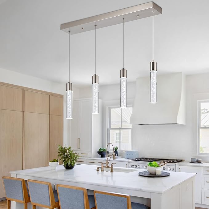 4-Light Pendant Light Fixtures for Kitchen Island, Updated Preminum LED Pendant Lighting with Crystal Bubble, 32W Modern Hanging Ceiling Light, 6000K Light for Dining Room,for Kitchen…