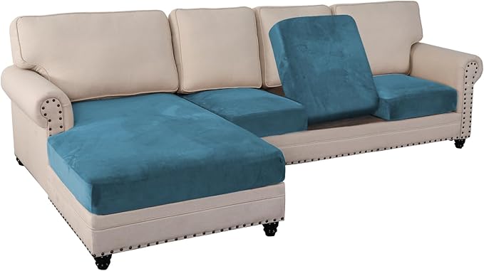 PrinceDeco Velvet Sectional Couch Covers, 4 Pieces, L Shape, Blue, 3 Seater + 1 Chaise