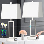 Touch Control Table Lamps for Living Room, 3-Way Dimmable Modern Table Lamp with USB A+C Charging Ports & AC Outlets, Bedside Contemporary Nightstand Desk Lamps with Fabric White Shade for Bedrooms