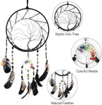 Pretty Jolly 7 Chakras Tree of Life Dream Catcher Wall Decor with Rainbow Healing Crystal Stone Handmade Black Feather DreamCatchers Wall Hanging Ornaments for Bedroom Home Decor Bless Gift Wedding