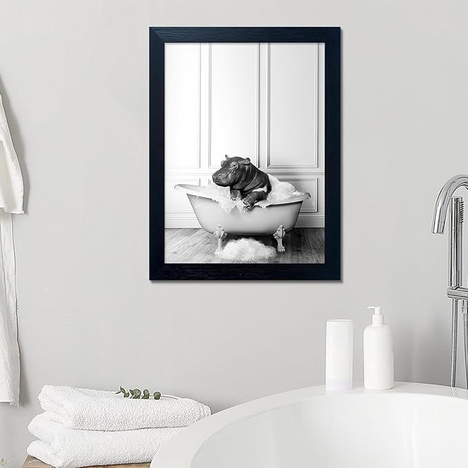Black and White Bathroom Decor Funny Hippo in Bathtub Wall Art Framed Humor Bathroom Signs Cute Animal Canvas Print Painting Artwork