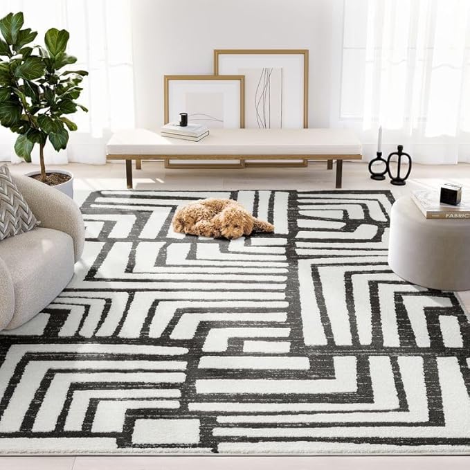 Abani Nomad Cream & Grey Area Rug 4' x 6' for Living Room, Bedroom - Geometric Box Design - Durable & Easy to Clean