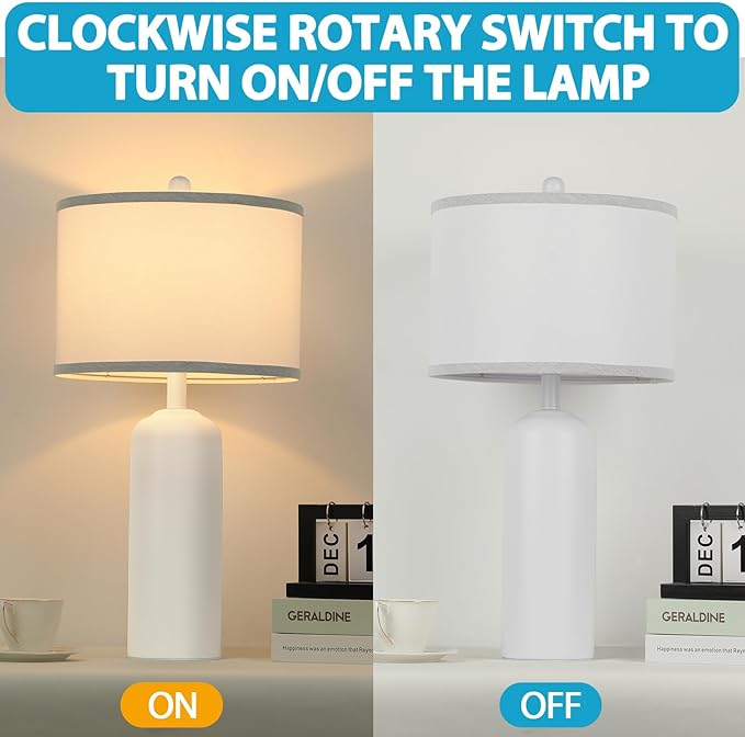 Ceramic Table Lamps Set of 2 for Bedroom Living Room, 24.8'' Modern Matte White Bedside Nightstand Lamp with Linen Drum Shade, Farmhouse Rustic Night Light Desk Decor for Kitchen Read Study Office