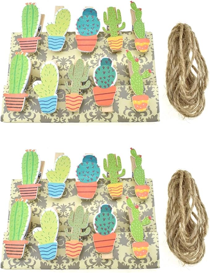 HAHIYO Cactus Painted Mini Wooden Clothespin Clip with 6.56 Feet Jute Twine Photo Paper Holders 1.38inch Tight Clamp Not Fray Rope Post Notices Handy Read for Hanging Postcard Wedding 20PCS