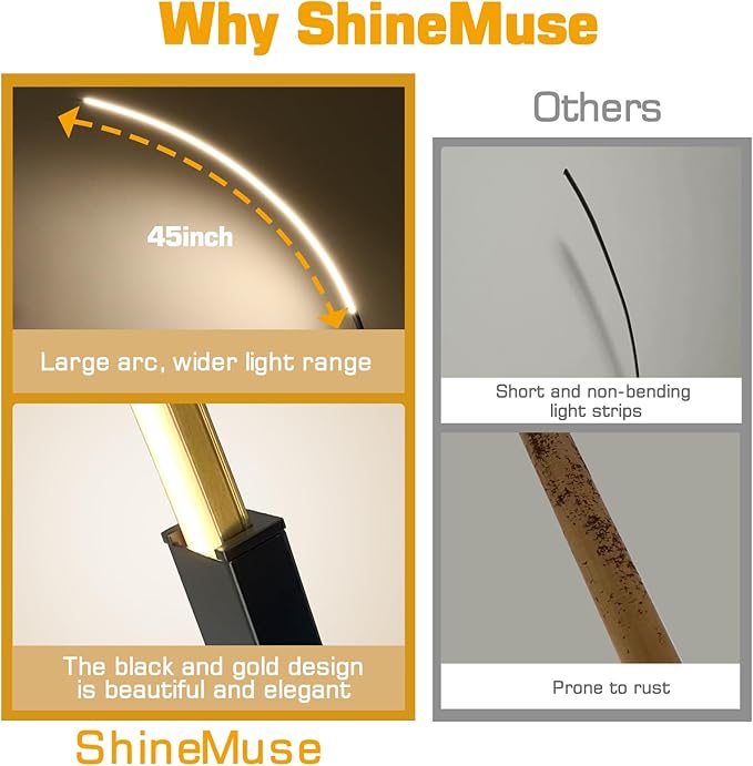 Modern LED Arc Floor Lamp Dimmable,Black Gold Arched Floor Lamp Standing Lamp with Remote for Living Room Bedroom Office Corner