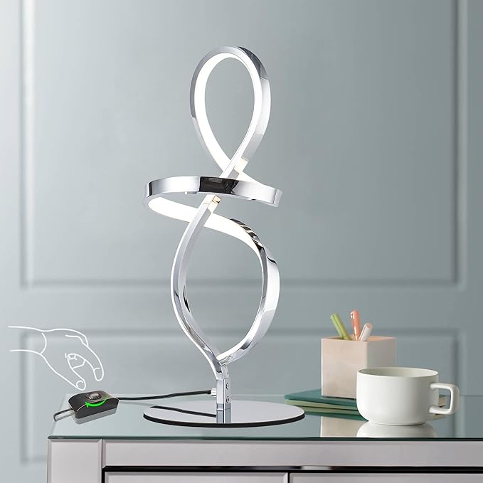 Mayful Modern Table Lamp with LED Spiral Design, Bedside Lamp with Stepless Dimming Switch, Contemporary Nightstand & Chrome Table Lamp for Bedroom, Living Room, Home Office, 12W 3200K Warm White