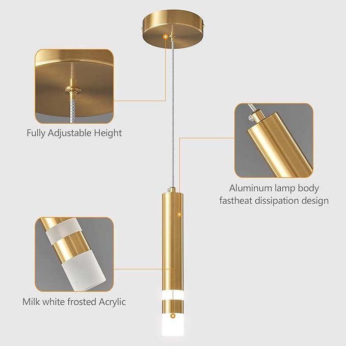 Modern Pendant Light Kitchen Fixture Dimmable LED Gold Mini Pendant Lighting fo Kitchen Island Bedroom Bedside Table Small Pendant Lights (1-Pack)