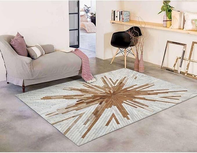 Faux Cowhide Area Rug | Radiating Starburst Pattern Non-Slip Leather Carpet for Western, Farmhouse & Modern Home Décor – Living Room, Bedroom & Office Accent(Tan_6x9)