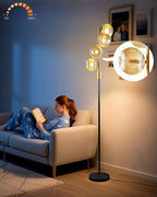 Lightdot 64IN Dimmable Floor Lamp with Glass Globe Shade, Modern Gold &Black Standing Lamps with 4PCS 3000K G9 Bulbs Soft Warm White Eye Care, Mid Century Floor Lamp for Living Room Bedroom