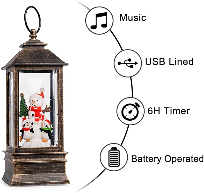 10'' Musical Snow Globe Lantern Lighted Snowman with Penguin Water Lantern Swirling Glittering Home Decoration and Gift, Battery Operated or USB Powered