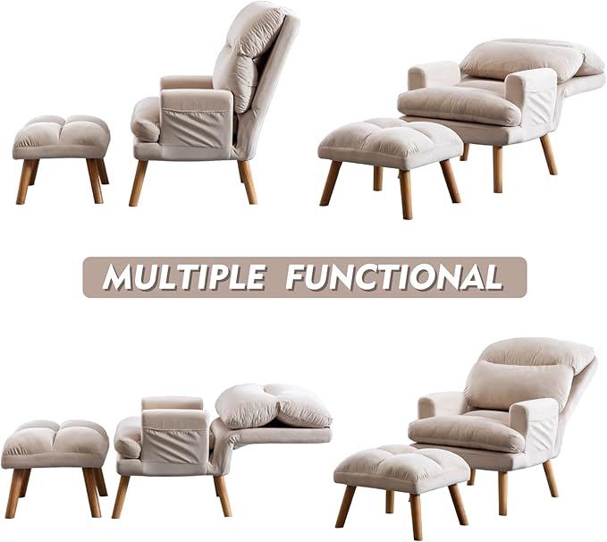 CANMOV Modern Accent Chair with Ottoman, Soft Fabric Armchair with Adjustable Backrest and Side Pockets, Comfy Lounge Chair for Living Room, Bedroom, Apartment, Office, Beige