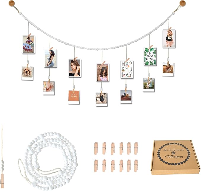 4 Feet Wooden Beads Garland with Clothespins Picture Cards Holder - Country Farmhouse Christmas Nursery Boho Holiday Decorations with Clips