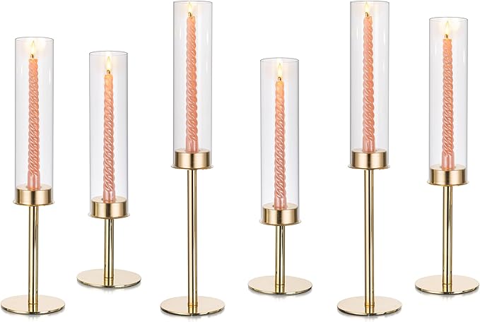 Glasseam Hurricane Gold Candlestick Holder, Set of 6 Tall Candle Stick Candle Holder with Hurricane Chimney, Modern Taper Candle Holder for Table Centerpiece Wedding DiningTable Christmas Decor