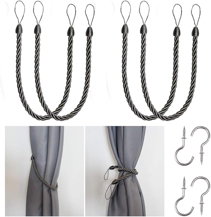 BEL AVENIR Curtain Rope Tiebacks, Drapery Rope Holdbacks with 4 Metal Screw Hooks (Charcoal-4pack)