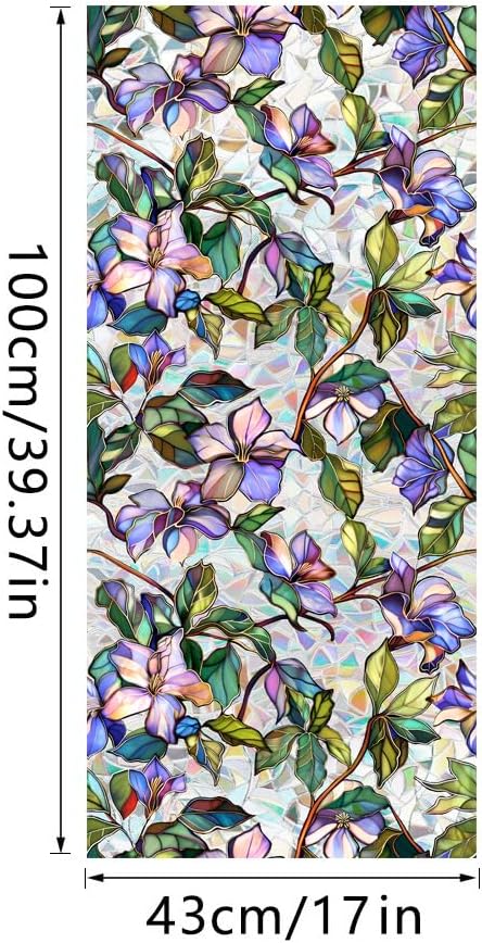 Window Film, Decorative Purple Flowers Stained Static Glass Window Clings Stickers for Home Office Living Room Bedroom Glass Windows Door Decor 16.93 x 39.37 Inches