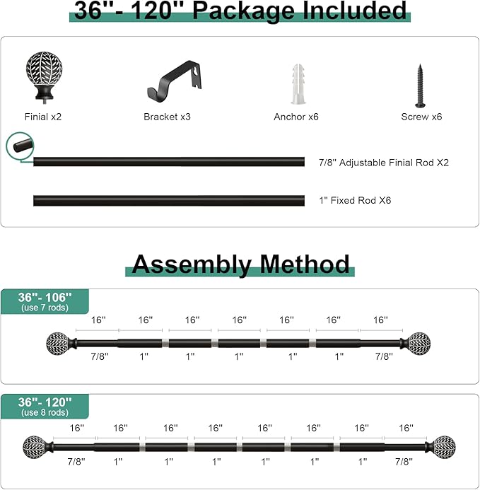 Black Curtain Rods for Windows 66 to 120 Inch,1'' Diameter Drapery Rods with Leaf Pattern Finials,Decorative Adjustable Heavy Duty Curtain Rods Set,36-120''