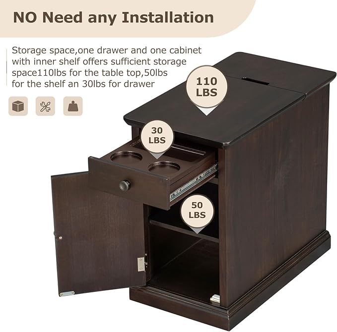 Traditional Wood Narrow End Table with Charging Station, Modern Vintage Sofa Side Table Storage & Multifunctional Drawer, Antique Espresso Set of 2 for Living Room, Bedroom, Office, No Assembly