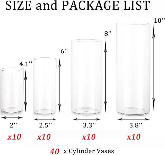 Glass Hurricane Candle Holder Esmiome - Cylinder Vases for Centerpieces 10 Sets (40Pcs) Hurricane Floating Candle Holder, Glass Vases for Flowers, Decorative for Home Wedding, 4''+6''+8'+10''(High)