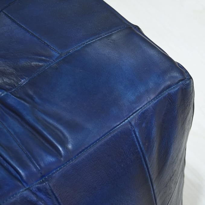 Square Shaped Buffalo Leather Handmade Eco-Friendly Vintage Blue Pouf-Square Pouf, 16"x16"x16", Geometric Pouf, Buffalo Leather Pouf, Recycled Foam with Fibre Fill Stuffed Pouf, Leather Pouf PF25