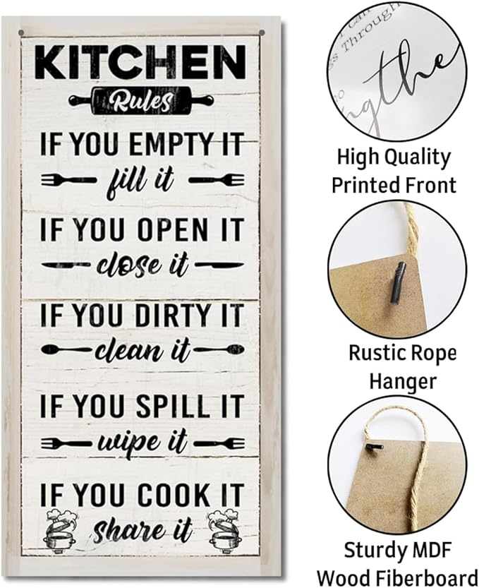 Hanging Kitchen Rules Wood Decor Sign, Rustic Kitchen Wooden Signs, Printed Wood Wall Art Sign, Kitchen Door Rules Rustic Sign, Hanging Wood Sign Kitchen Decor, Funny Farmhouse Kitchen Wall Décor B1