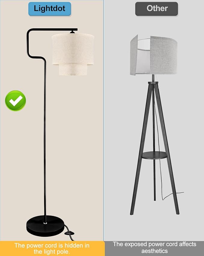 Lightdot 62IN Floor Lamps for Living Room, Modern Standing Tall Lamps with Double Linen Shades, 3000K Arc Bohemian Floor Lamp with Foot Switch for Wedding/Party, Bedroom, Home Office-Black