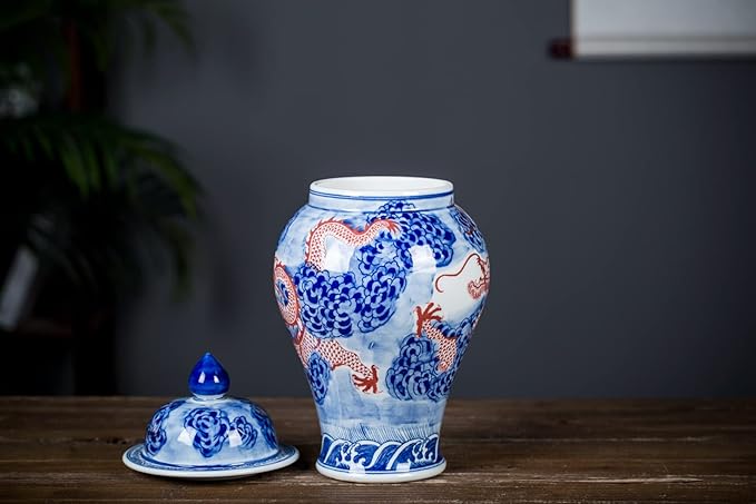 Chinese Ceramic Jar Ginger Jars with Lids for Home Décor Hand Painted Dragon Blue and White Porcelain Underglazed Red Vase Ornaments from Jingdezhen