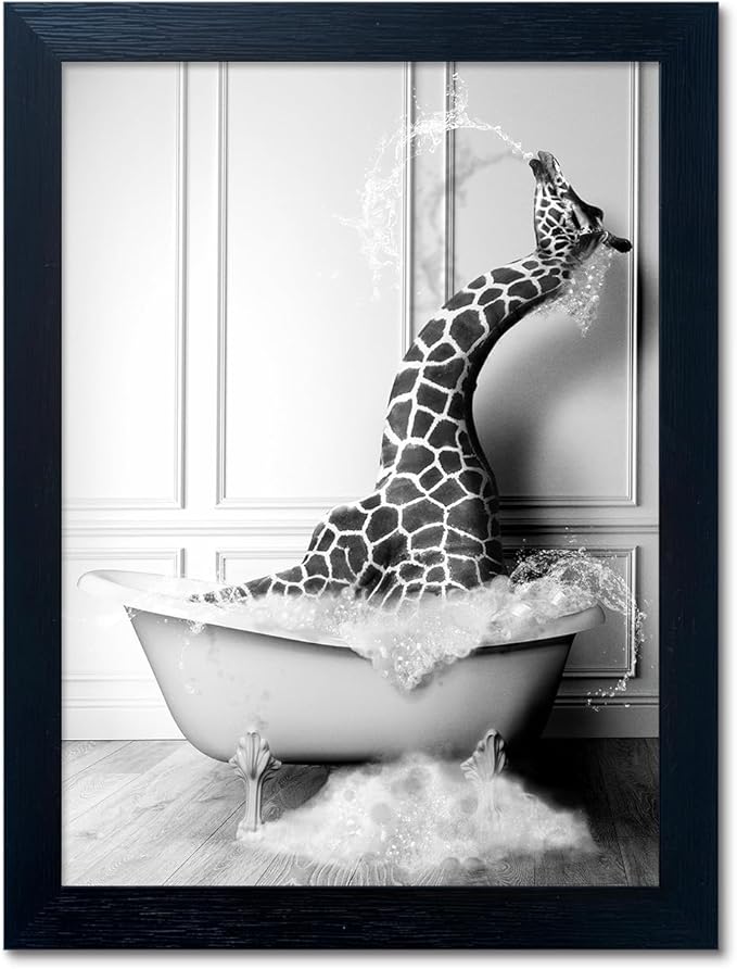 Black and White Bathroom Wall Decor Funny Giraffe in Bathtub Decor Framed Farmhouse Animal Canvas Wall Art Bathroom Artwork