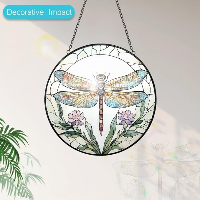 Dragonfly with Flower Suncatcher Stained Glass Window Hanging - 8” Stained Glass Suncatchers for Windows - Sun Catchers Indoor Window Catcher with Hooks and Chain - Birthday Gifts for Mom Grandma