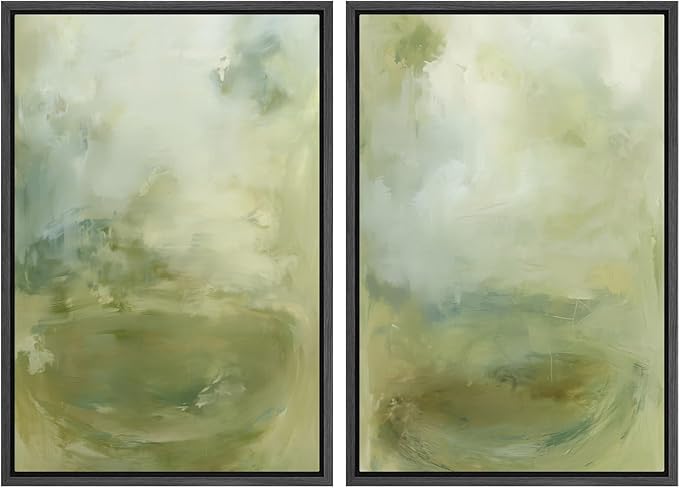 SIGNFORD Framed Canvas Print Wall Art Set Soft Green Abstract Contemporary Neutral Landscape Illustration Modern Art Decorative Nordic Nature for Living Room, Bedroom, Office - 16"x24"x2 Black
