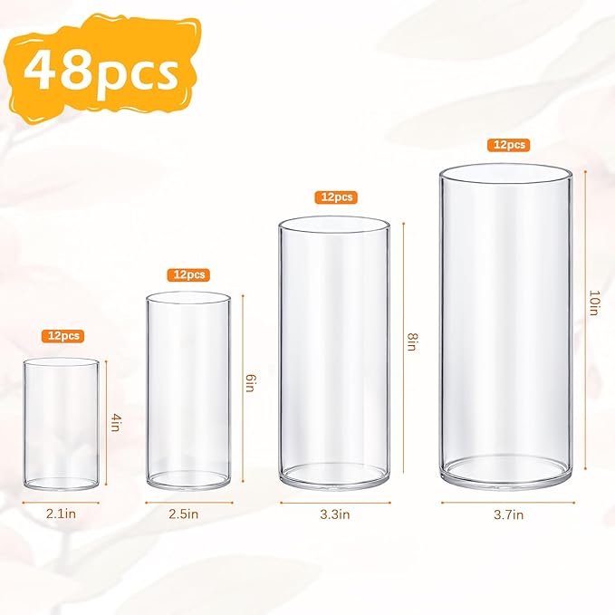 24 Pack Glass Cylinder Vases 4,6,8,10 Inch Tall Clear Flower Vase Hurricane Floating Candle Holder for Table Centerpiece Wedding Home Decor