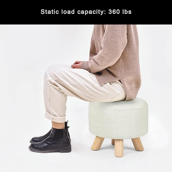 Asense Small Round Ottoman Foot Rest Stool Fabric Padded Seat Footstool Ottoman with Non-Skid Wooden Legs (Beige,Fabric)