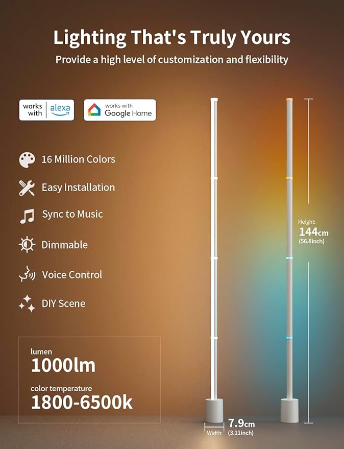 Ailofy Smart Corner Floor Lamp, LED Floor Lamp with Alexa and App Control, 16 Million DIY Colors, Music Sync, DIY Color Modes,Timer Setting, Suitable for Living Room and Bedroom