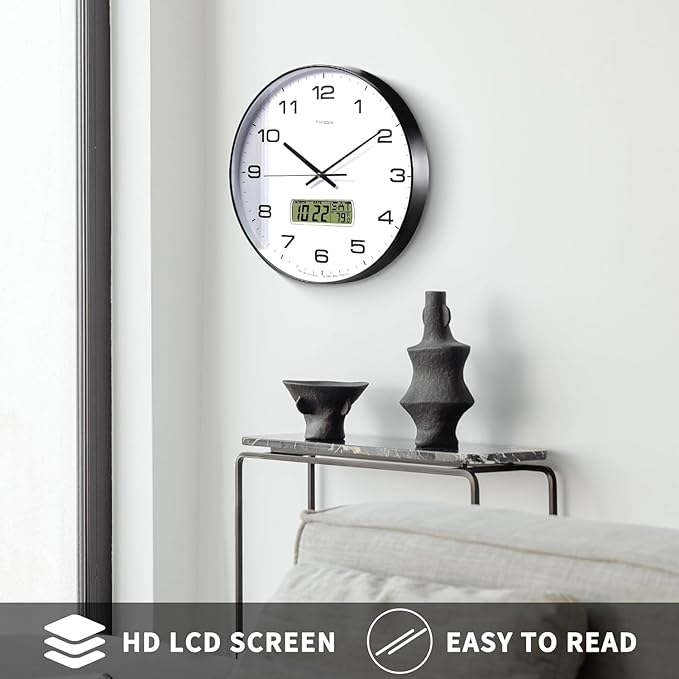 Wall Clock, 10" Dial Non-Ticking Silent Battery Operated Analog with LCD Display for Perpetual Calendar and F° Temperature, Ideal Modern Home, Bedroom, Kitchen, Office Decor (Black)