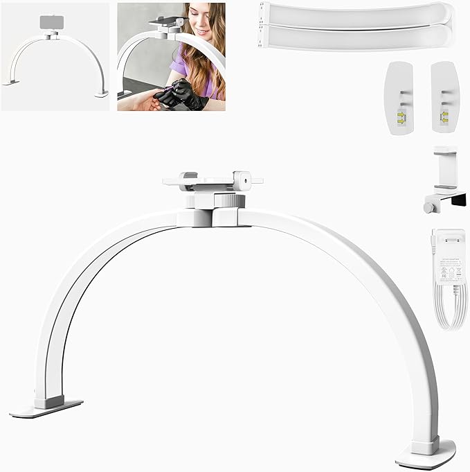 NEEWER BASICS 23" Half Moon Nail Light for Desk, 308 LEDs 28W Bi Color CRI85+ Foldable Nail Tech Table Arc Lamp with Overhead Phone Mount for Manicure Handicraft Lighting Beauty Video Recording,HM04-D